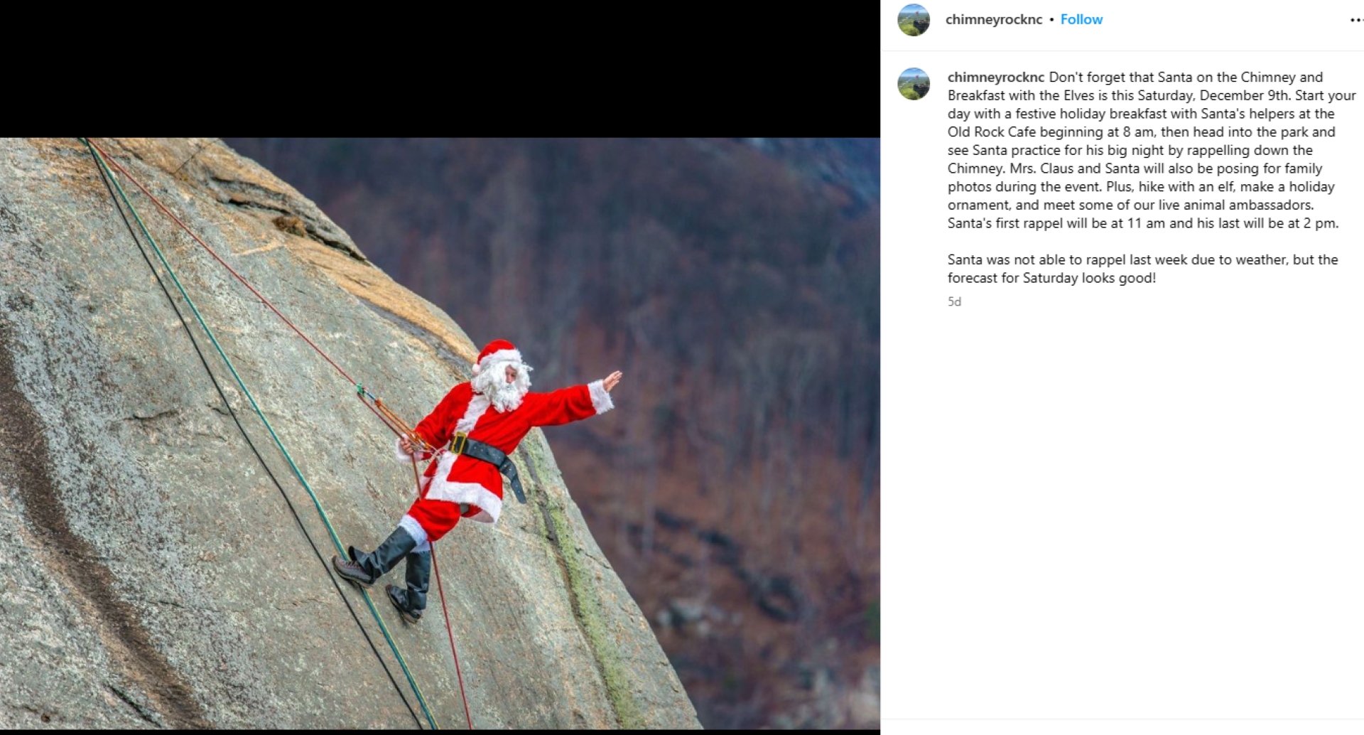 Santa climbs down Chimney Rock, North Carolina