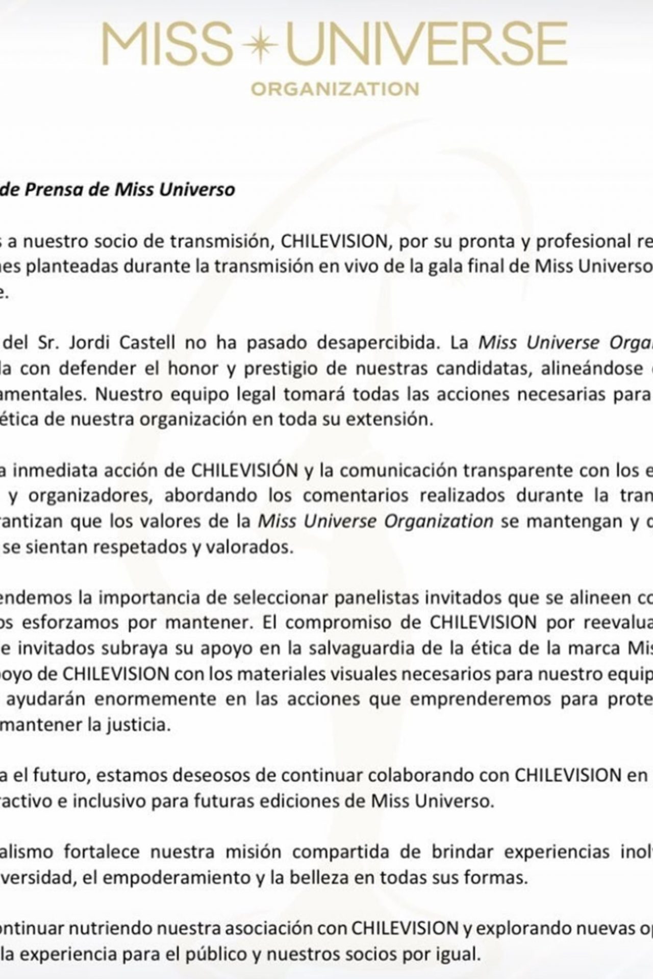 El comunicado de Miss Universe 