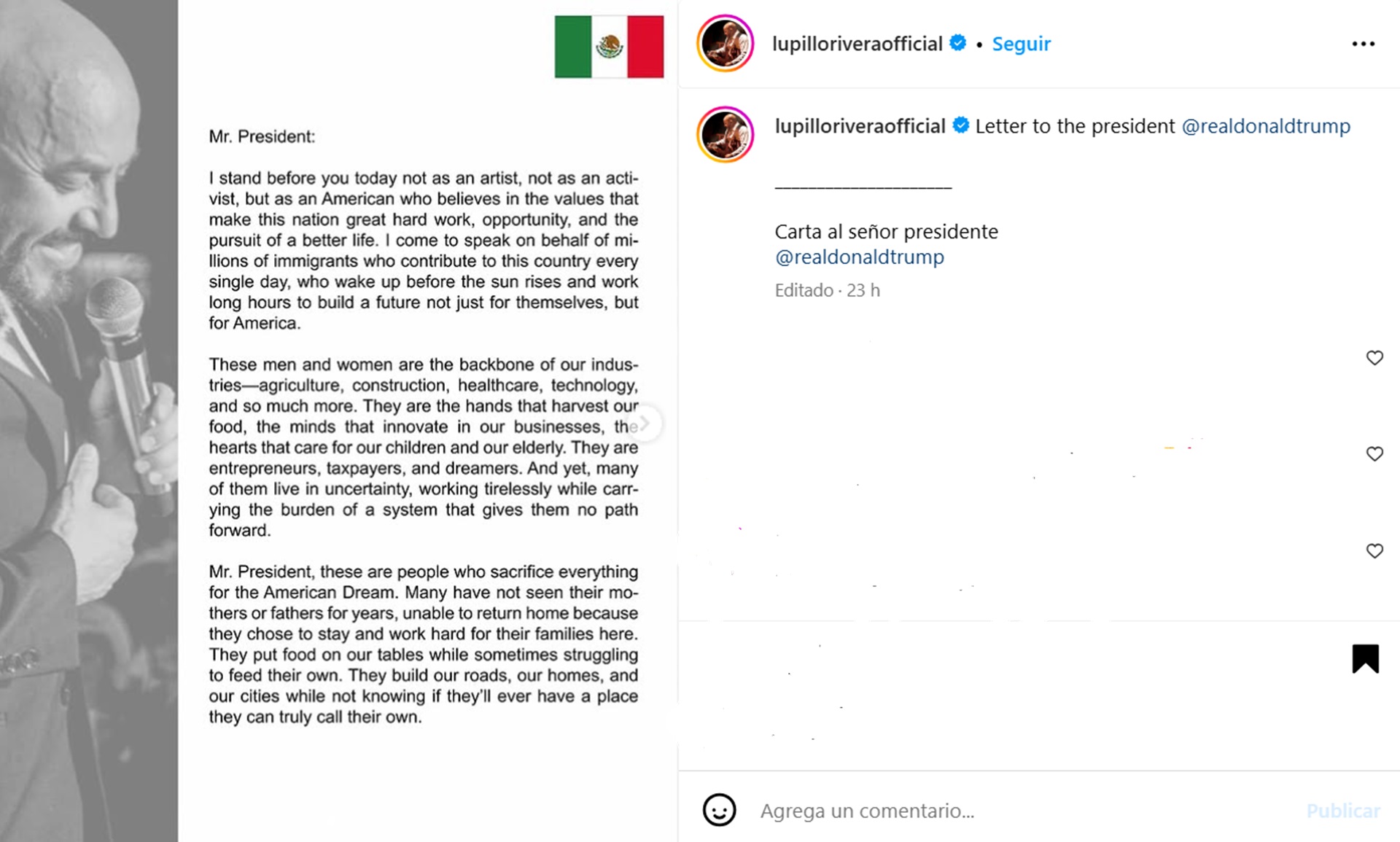 La carta la publicó en Instagram